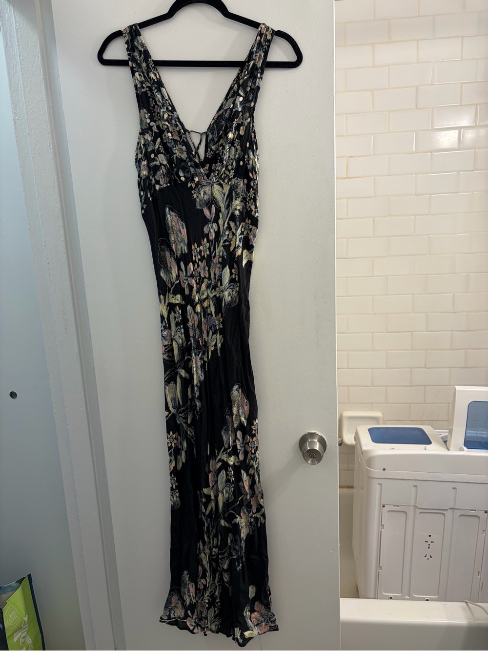 VINTAGE Free People Black Floral V-Neck Maxi Dress with Pastel Blooms
